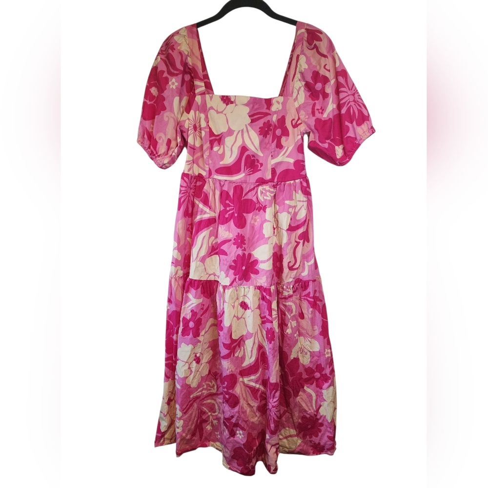Crystal Sky Pink Tropical Floral Puff Sleeve Midi Dress - Size M